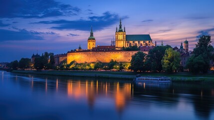 Naklejka premium Stunning Evening View of Historical Castle Against Serene River