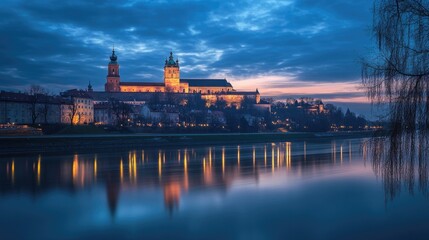 Fototapeta premium Historic Castle and River at Dusk with Reflective Water Surface