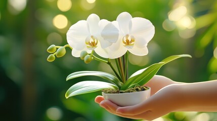 Hands offer white orchids in sun-dappled greenery.