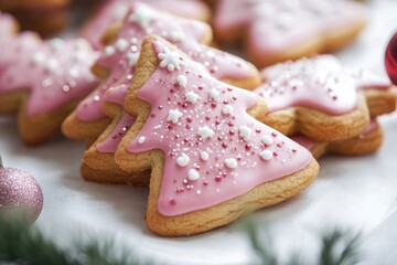 A white plate topped with colorful cookies covered in pink icing, perfect for baking or decorating