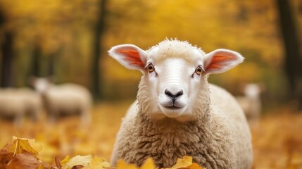Fototapeta premium A close-up of a sheep among golden autumn leaves, showcasing its fluffy wool and curious expression in a serene natural setting.