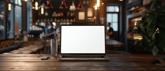 Sleek Laptop on Wooden Table in Coffee Shop Ambiance - Perfect for Technology, Coffee Shop, and Workspace Concepts