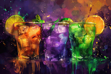 Colorful cocktails in bright glasses with fruit garnishes on a bright purple, green, orange, Mardi Gras background