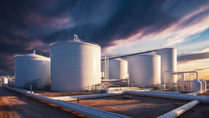 Industrial storage tanks under a dramatic sunset sky in a refinery area