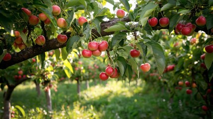 Lush Orchard with Ripe Red Apples Hanging from Tree Branches