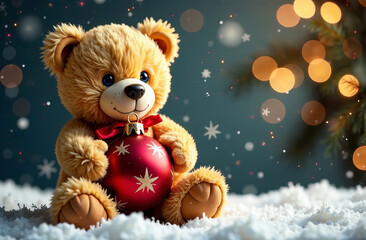 teddy bear with christmas ball in paws, christmas festive background