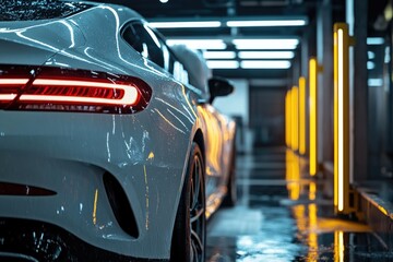 Obraz premium A white sports car parked in a garage