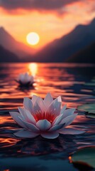 Water lily and mountains glowing in sunset light
