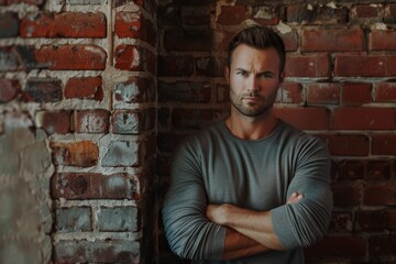 Obraz premium Portrait of a tender caucasian man in his 30s showing off a thermal merino wool top in front of vintage brick wall