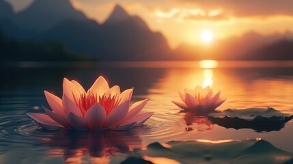 Sunset glow with two lotus flowers in the forefront
