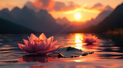 Glistening lotus flowers with sunset mountain scene.