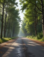 Obraz premium Forest scenery along a paved country driveway, autumn, forest, red