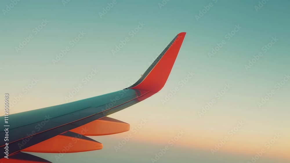 Poster airplane wing with red winglets flying high above the clouds during a vibrant sunset, creating a cap