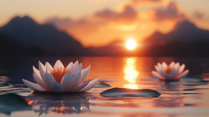 Water lilies on tranquil lake during picturesque sunset