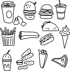 fast food icons. Hand drawn sketch. 