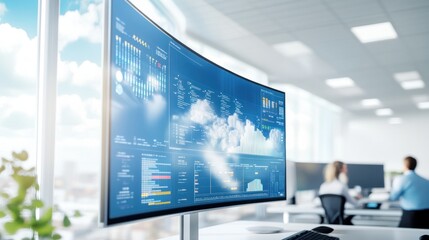 Wide office screen displaying statistical data graphs