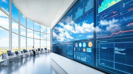 Expansive office skyline backdrop with data display wall