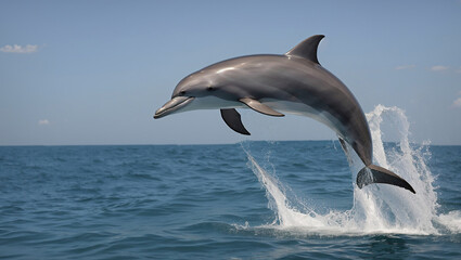 A dolphin is leaping out of the ocean water.

