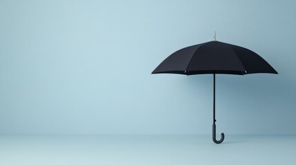 Black Umbrella Minimalist: A solitary black umbrella stands elegantly against a light blue backdrop, creating a minimalist image that evokes feelings of protection, calm, and simplicity.
