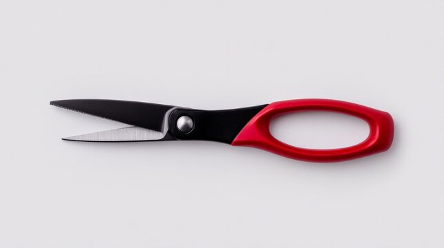 Red Scissors: Sharp scissors with ergonomic red handle, poised against an uncluttered background. The simple, clean composition draws attention to its sharp.