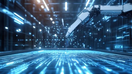 Cybernetic arm extending towards digital light grid