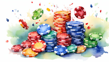 Colorful casino chips falling in the air, isolated on white. watercolor clipart