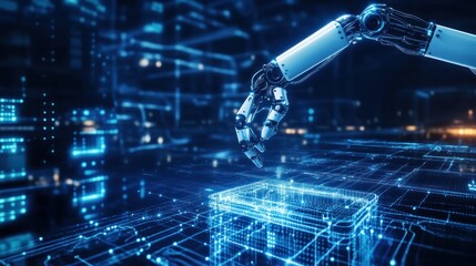 High-tech robotic hand interacting with 3D digital cube