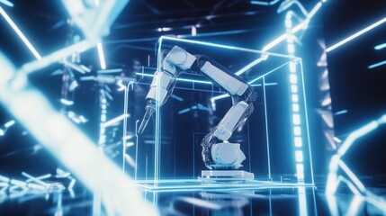 Robotic arm inside digital light installation cube