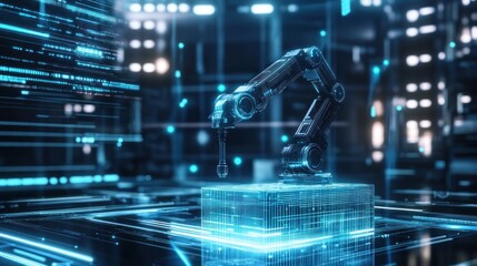 Fototapeta premium Black robotic arm on pedestal with digital interface