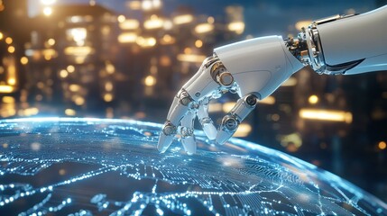 Robotic hand interacting with digital globe interface