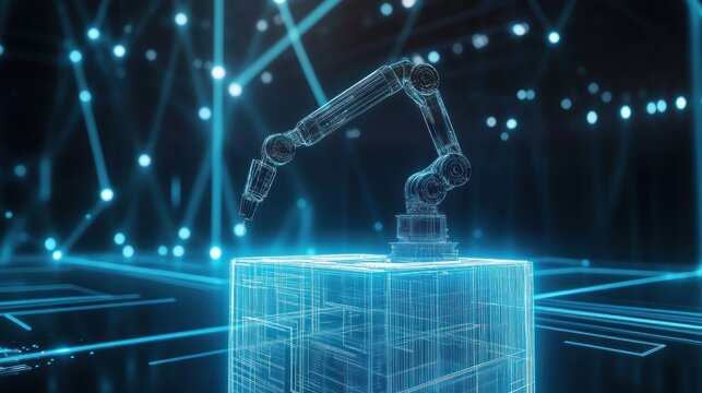 Transparent robotic arm on digital cube in cyberspace - Powered by Adobe
