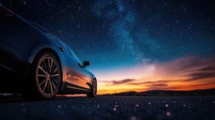 A vehicle stopped along the highway under a starry night sky, great for travel or adventure themes