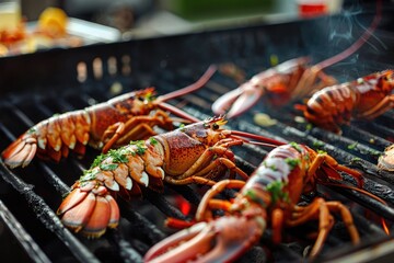 A close-up view of a grill with lobsters, perfect for seafood-themed designs and advertisements
