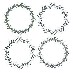 Festive Frame decorative outline, coloured Set. Winter holiday symbol circle wreath. Cute doodle hand drawn blob brush stroke flat design border illustration. Branch, eve leaves, berry drawing. Vector