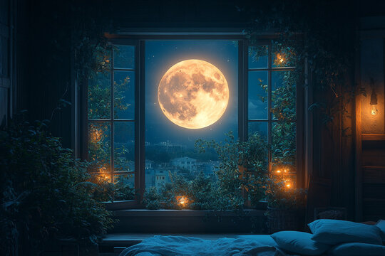 Serene Nighttime Bedroom View Featuring A Giant Moon