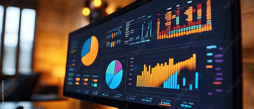 Poster A close-up view of a modern computer screen displaying colorful graphs and charts. The background features warm lighting, creating a professional atmosphere for data analysis.