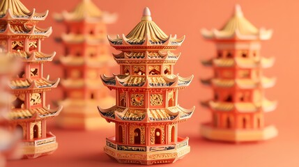 Obraz premium A collection of intricate miniature pagoda models showcasing traditional architectural design, featuring ornate details and vibrant colors against a warm background.
