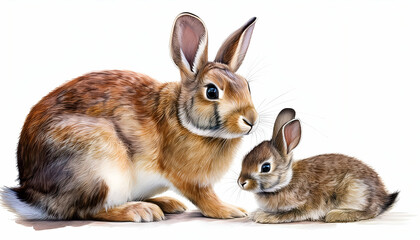 Fototapeta premium Cute mother and baby rabbit full view on a white background, watercolor