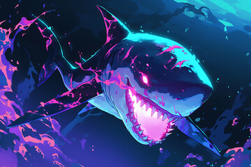 A vibrant, stylized shark emerging from swirling water with neon colors.