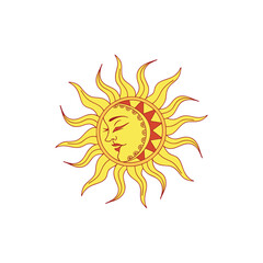 A stylized sun clipart with a smiling face and bold rays, placed on a light,