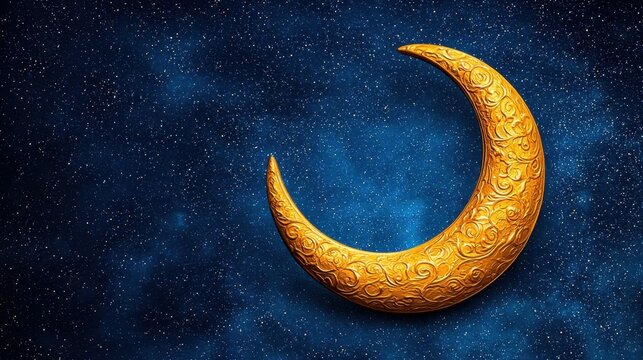 A photostock of an elegant crescent moon glowing against a backdrop of twinkling stars for a serene and celestial design. High Quality
