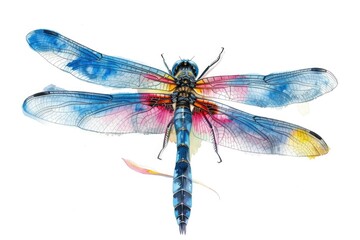 A delicate dragonfly perched on a white background, with intricate details and realistic color palette