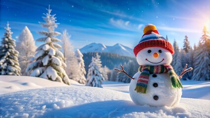 Obraz premium Panoramic view of a happy snowman in winter scenery with copy space 