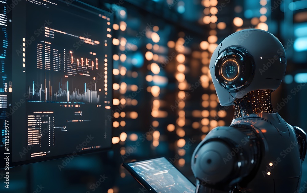 Poster a futuristic robot interacting with digital data on a screen, showcasing advanced technology and art