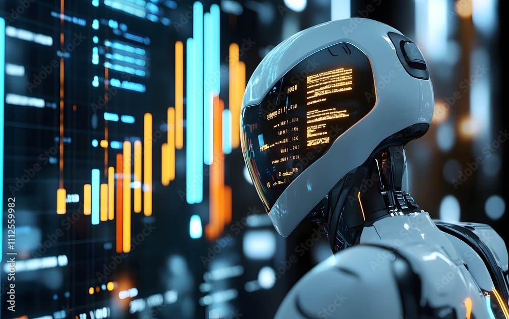 Poster a futuristic robot analyzing data on a digital screen, showcasing advanced technology and innovation
