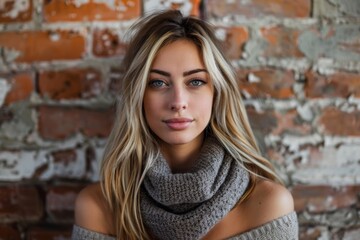 Fototapeta premium Portrait of a satisfied woman in her 20s wearing a versatile buff in front of vintage brick wall