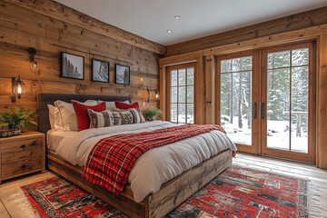 Rustic Cabin Bedroom With Winter View And Wooden Accents
