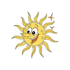 A stylized sun clipart with a smiling face and bold rays, placed on a light,