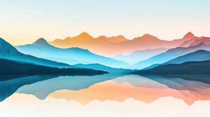 Bright vibrant landscape collage blending soft shades of sunrise over mountains, tranquil skies, and peaceful waters. Harmonious, abstract composition conveying serenity and nature beauty.