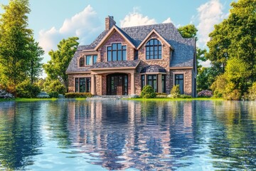 Obraz premium Submerged Stone Mansion: A Flood's Impact on a Luxurious Home